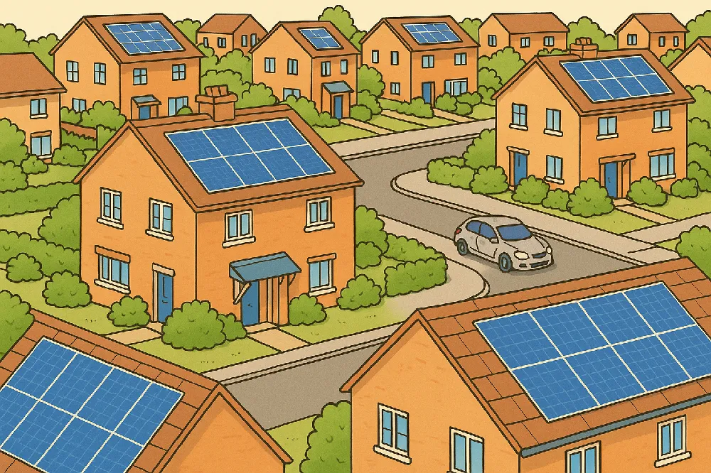 Aerial view of homes with rooftop solar panels